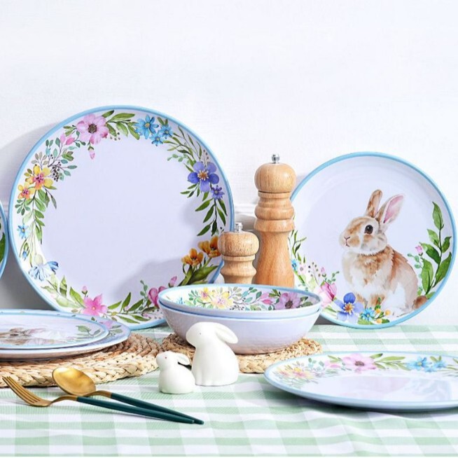 Pastoral Easter melamine tableware set, festive collection, durable and shatter-resistant plates and bowls, customizable designs