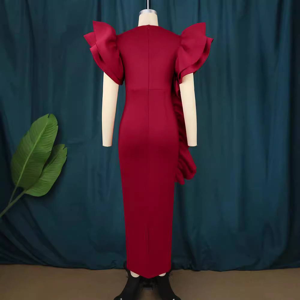 Women's Clothing deep V sexy low cut dress plus size ruffled banquet dress _voghion.com