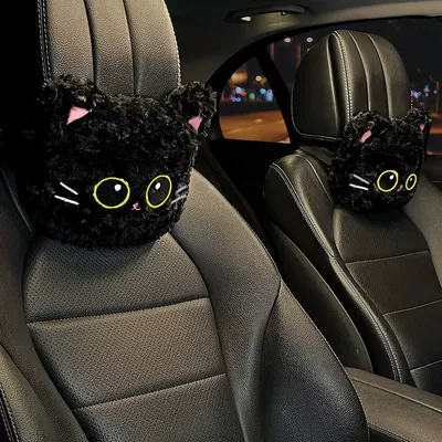 Car Headrest Neck Pillow Cartoon Headrest - black-huggable-cat-headrest-set-of-2