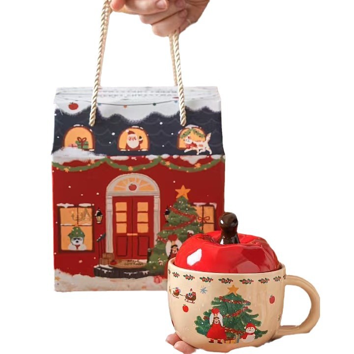 Taza con tema navideño en forma de manzana retro creativa, personalidad de cerámica, taza de café de alto valor, regalo de cuchara con tapa