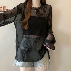 新中式国风提花黑色防晒衫女2025夏大码胖mm薄款雪纺外搭罩衫上衣