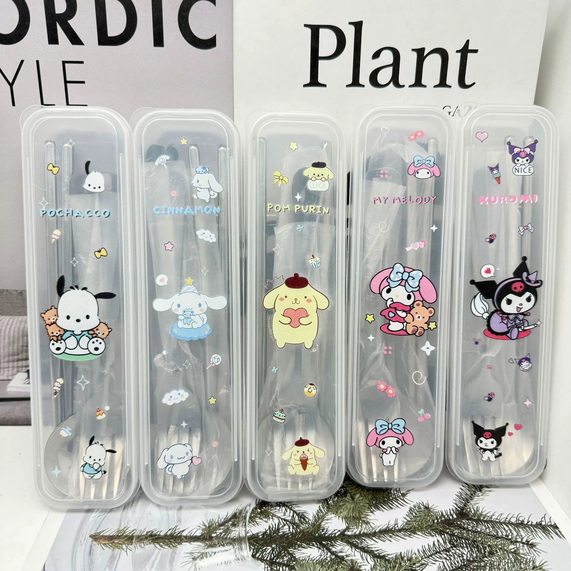 Sanrio, столовая посуда из нержавеющей стали, набор, пластиковая ложка, вилка, портативные палочки для учеников младших классов, 3 шт