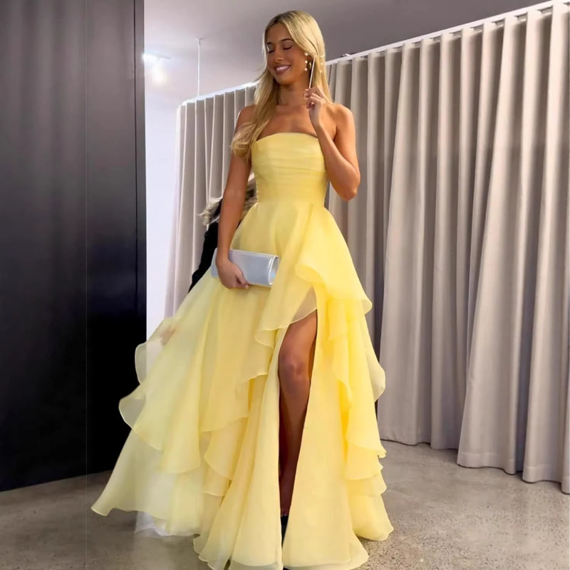 Strapless Evening Dress 2026 Foreign Trade Cross-Border European and American Amazon Summer New Multi-Layered Pleated Host Performance Dress