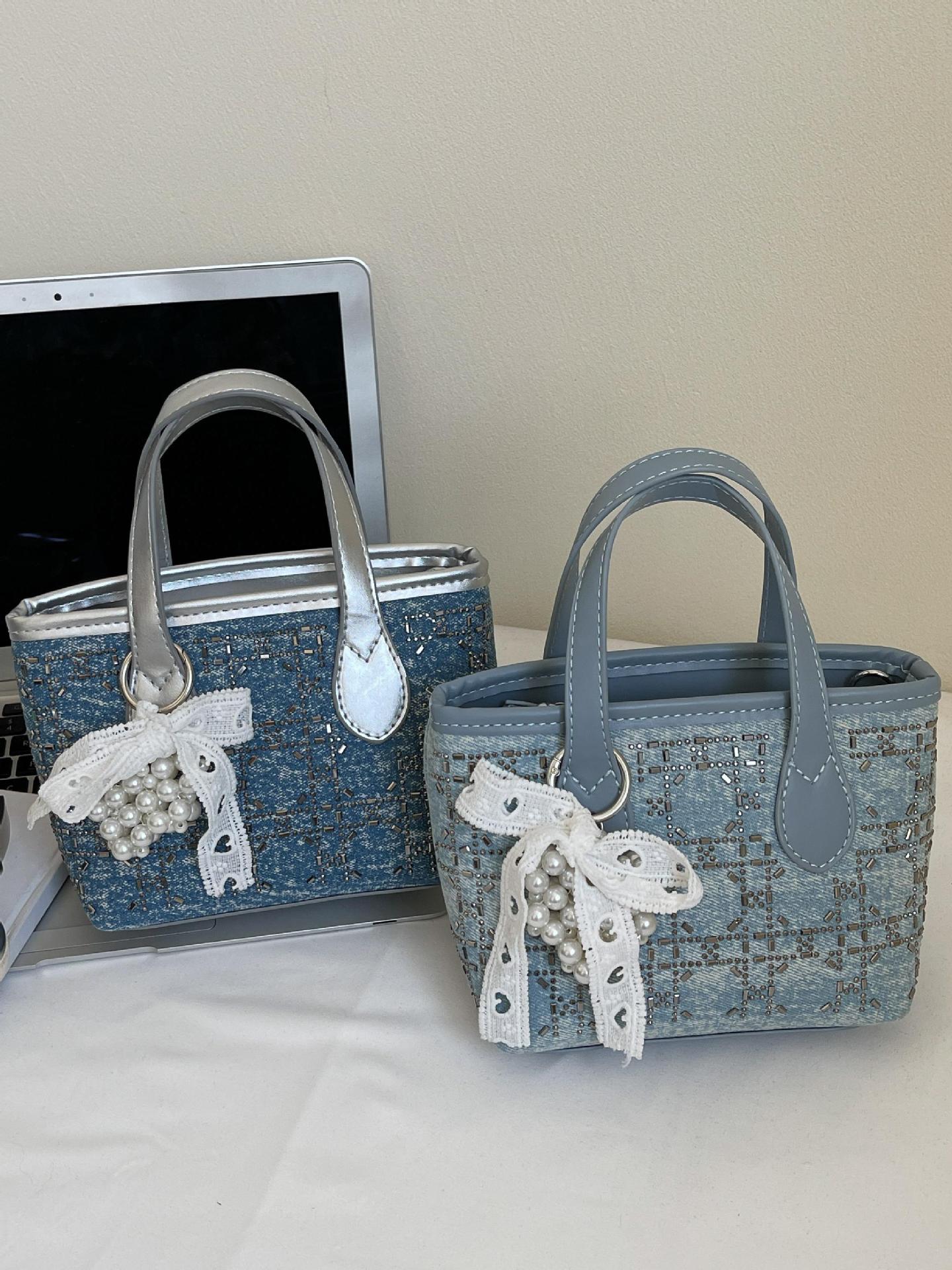 Bolsa de cubo de denim de verano de moda con diamantes para mujeres 2025 nueva moda extranjera versátil bolso de hombro