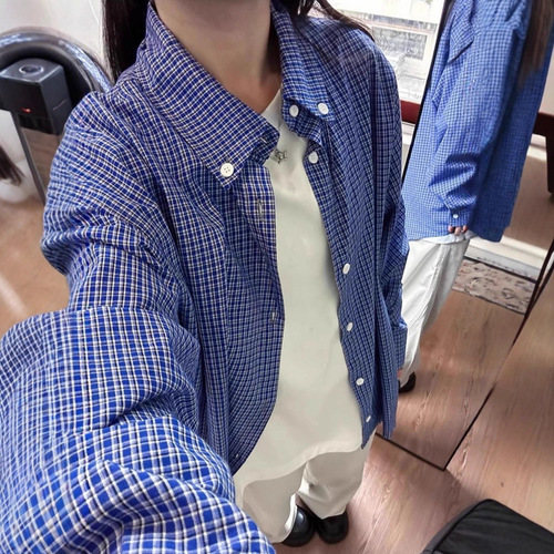 Women's Early Autumn Fashion College Style Loose Layering Base Coat Blue Grid Shirt Outerwear