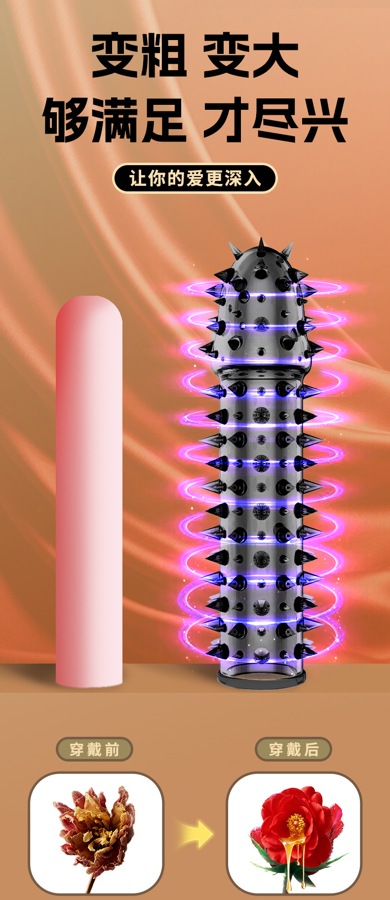 Dragon Whisker Spike Textured Penis Sleeve, TPE Wolf-Tooth Condom Extender, Transparent Black — detail image 4