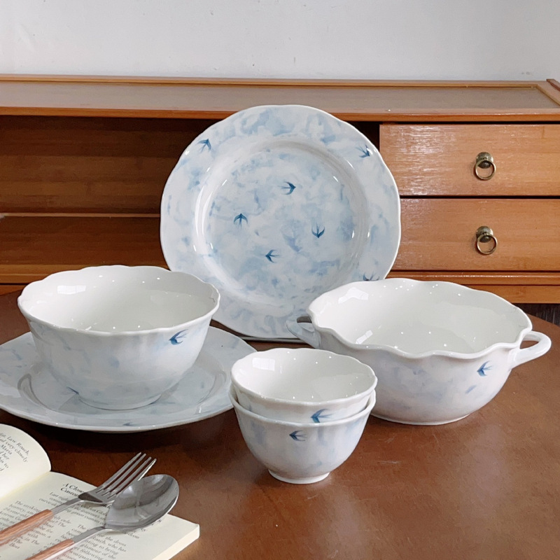 Ink Swallow Scandinavian Tableware Set High-End Lace Household Bowls and Plates Double-Eared Bowls Underglaze Color Ceramic Rice Bowls Ink Swallow Scandinavian Tableware Set High-End Lace Household Bowls and Plates Double-Eared Bowls Underglaze Color Ceramic Rice Bowls