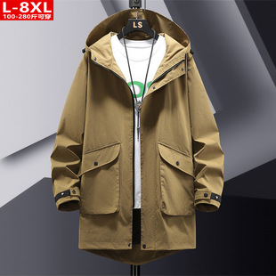 Spring and Autumn Trendy Men's Stylish Workwear Patch Pocket Hooded Trench Coat, Plus-Size Loose Mid-Length Casual Jacket