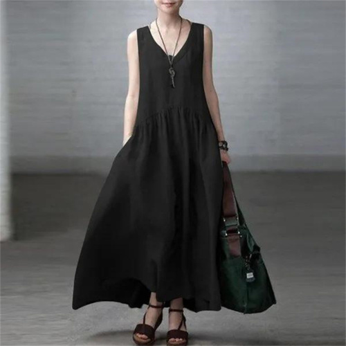 Summer Women's Long Dress Loose Pleated Fashion Sleeveless Solid Color Backless Cotton Linen Dress