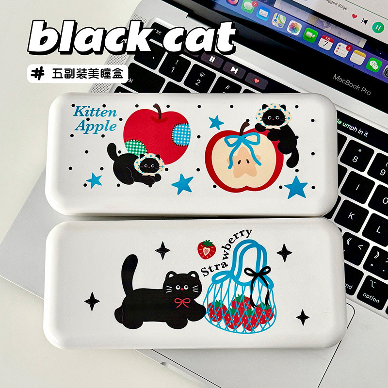 Color Contact Lens Box Black Cat Apple Strawberry Five-Pack Large-Capacity Contact Lens Companion Box Storage Box with Mirror