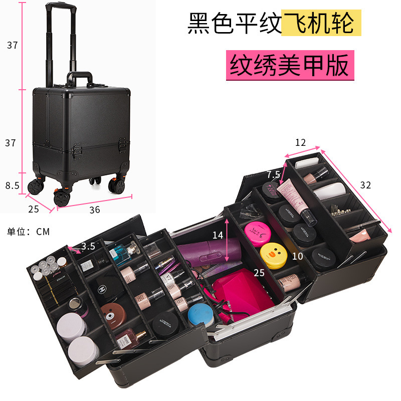 Caja de la carretilla del maquillaje profesional rueda universal portátil artista maquillaje Caja de Herramientas multifuncional cubo de agua negro caja de cosméticos