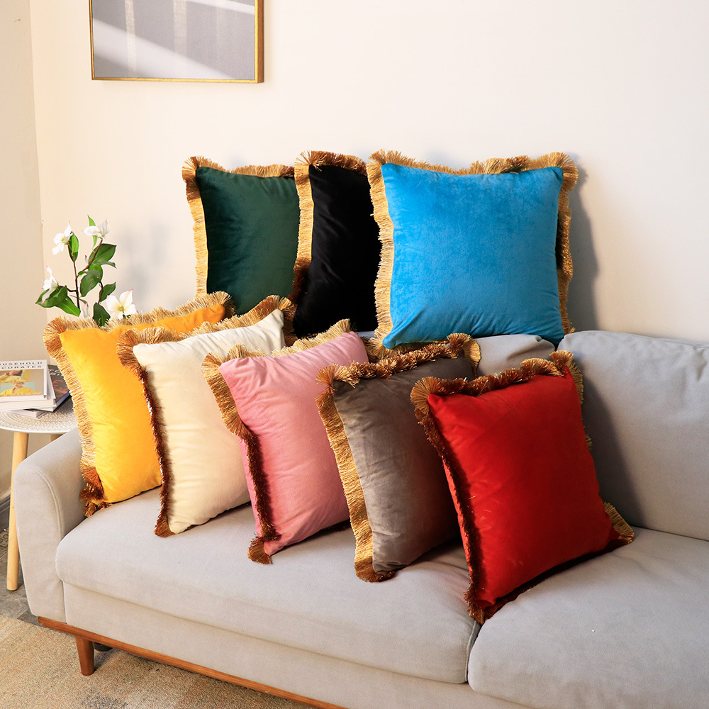 Copricuscino per divano in velluto olandese con bordo in nappa dorata semplice nordico, modello di decorazione per la casa_voghion.com