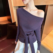 法式气质不规则斜肩长袖针织上衣女秋季韩系穿搭绑带收腰打底上衣