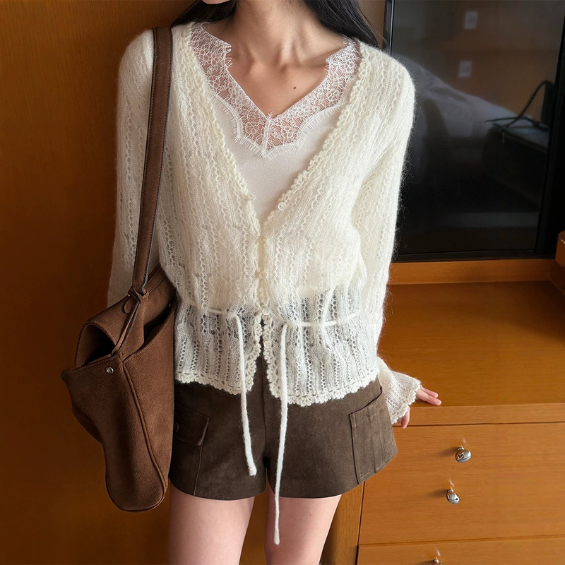 ACME Wool Mohair Knit Cardigan for Women with Hollow V-Neck, Drawstring Waist, and Lace Trim 21752