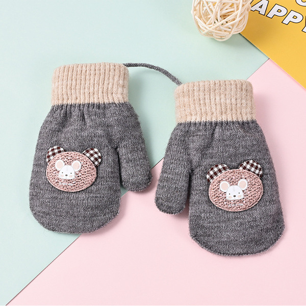 New Style Lanyard Baby Gloves, Cartoon Knitted Warm Fleece-Lined Thickened Gloves for Infants and Toddlers, Cute and Cold-Proof for Autumn and Winter