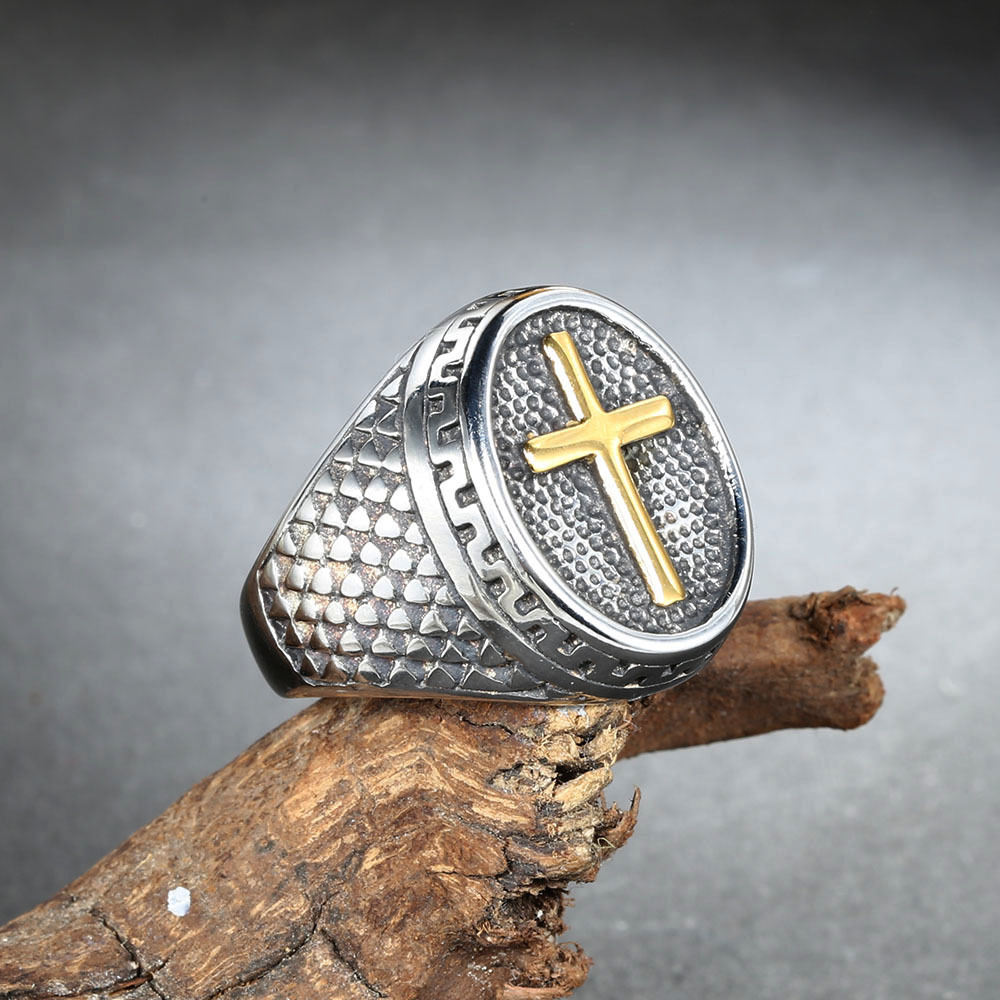 Titanium Steel Material Hip-Hop Cross Titanium Steel Plating 18K Gold Plated Men'S Rings Men Signet Rings