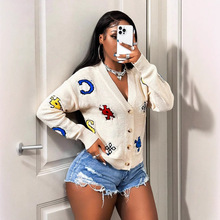 跨境女士秋冬万圣节提花宽松短款满印卡通字母针织开衫外套毛衣