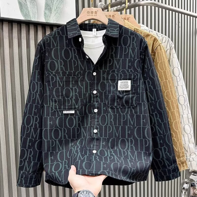 Otoño e invierno nuevas letras camisa de impresión completa chaqueta de manga larga chaqueta para hombres y mujeres marca de moda de negocios británica comercio exterior venta al por mayor transfronteriza