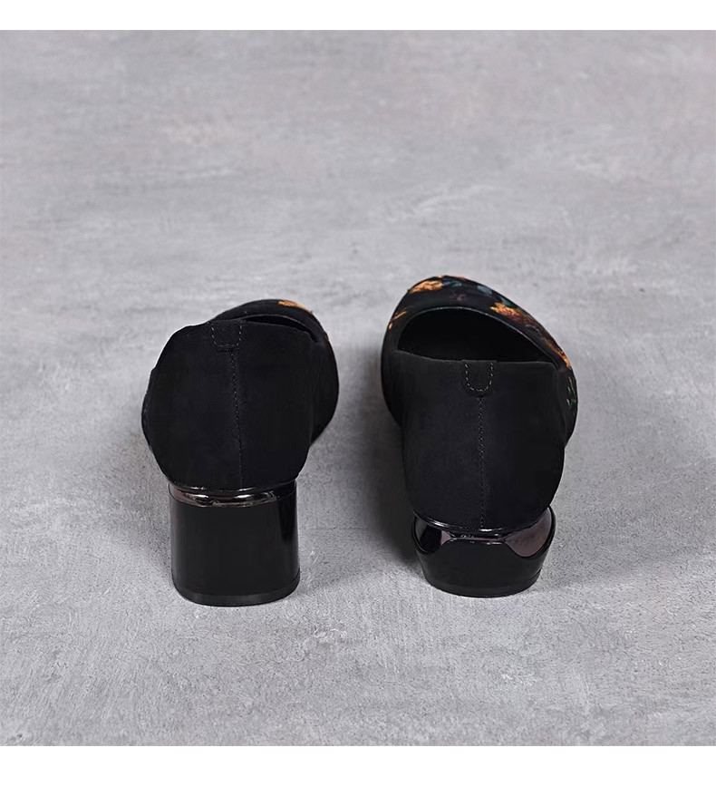 Giày búp bê nữ da thật đế mềm mũi tròn thêu hoa gót vuông 2,5 cm phong cách dân tộc — Màu đen gót 2,5 cm chi tiết 11