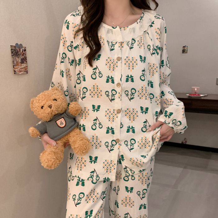 Al por mayor transfronterizo primavera y otoño nuevo algodón nubes ropa de hogar pijamas cardigans encaje conjunto casual con cojín de pecho