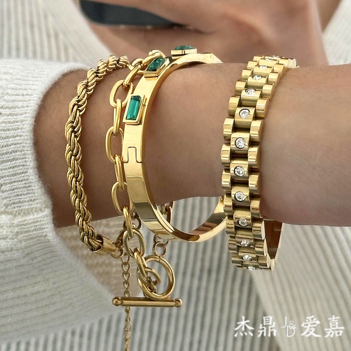 JEDING Europa y América pulsera de zircon de acero inoxidable pulsera de nicho de alto nivel 18k oro titanio anillo de acero joyas de mano transfronterizas