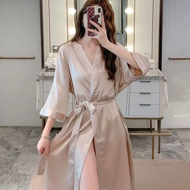 Silk sexy bathrobe, thin pijama, mid-length