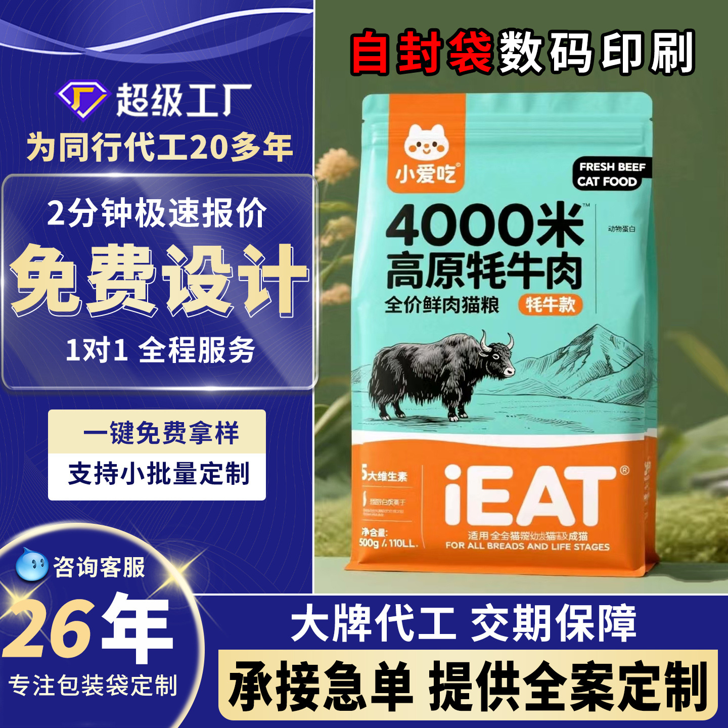 牛肉干食品包装袋定制休闲零食封口袋纯手工挂面彩印铝箔背封袋