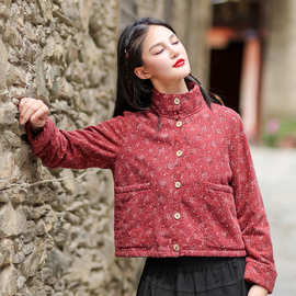 2026初春新品中国风女装休闲短款棉衣文艺碎花薄绒短款棉外套女