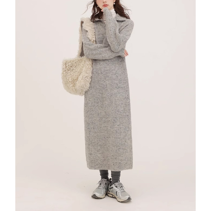 French Retro Knitted dress Women's Autumn and Winter Grey High Neck Inner Base Skirt Sweater Skirt