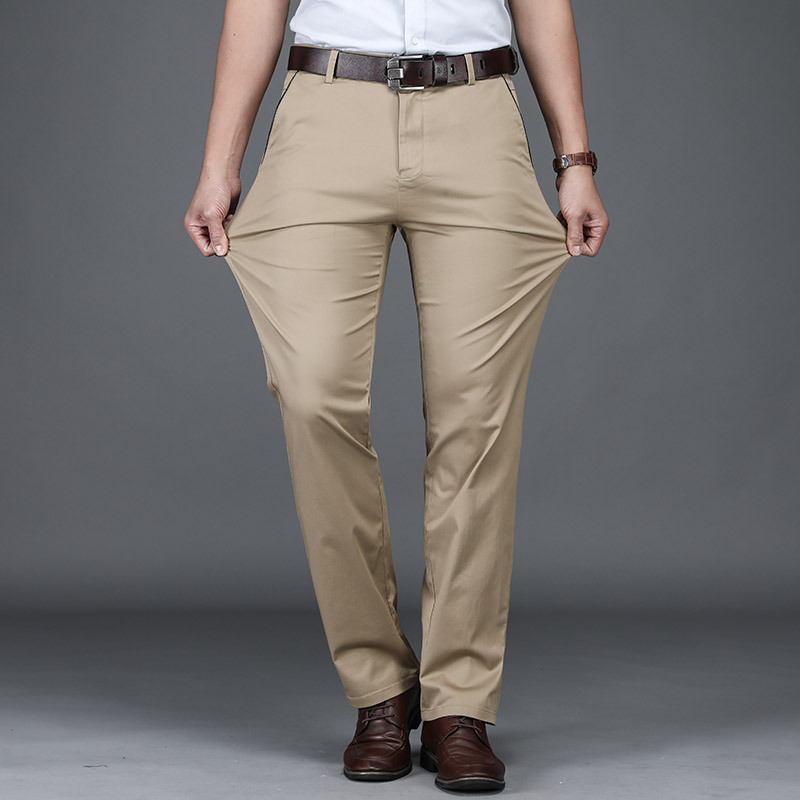 Pantalones casuales elásticos para hombres de mediana edad, pantalones rectos holgados para hombre, pantalones transpirables y suaves para las cuatro estaciones, pantalones de negocios formales para hombre.