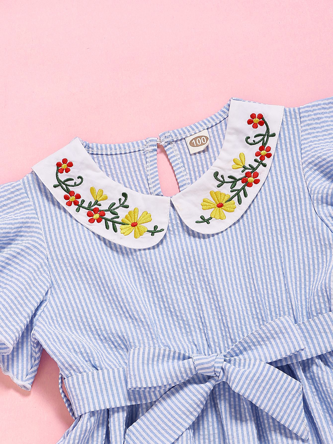 2022 New Dress Flower Embroidered Collar Striped Short-sleeved Children Dress display picture 3