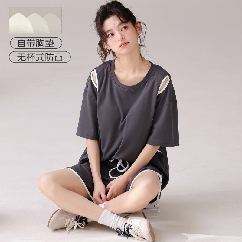 Physical Store Short-Sleeved Shorts with Chest Pads, Girls' Pajamas, Summer New Style, Pure Cotton, Sports Style, Home Wear Two-Piece Set Physical Store Short-Sleeved Shorts with Chest Pads, Girls' Pajamas, Summer New Style, Pure Cotton, Sports Style, Home Wear Two-Piece Set