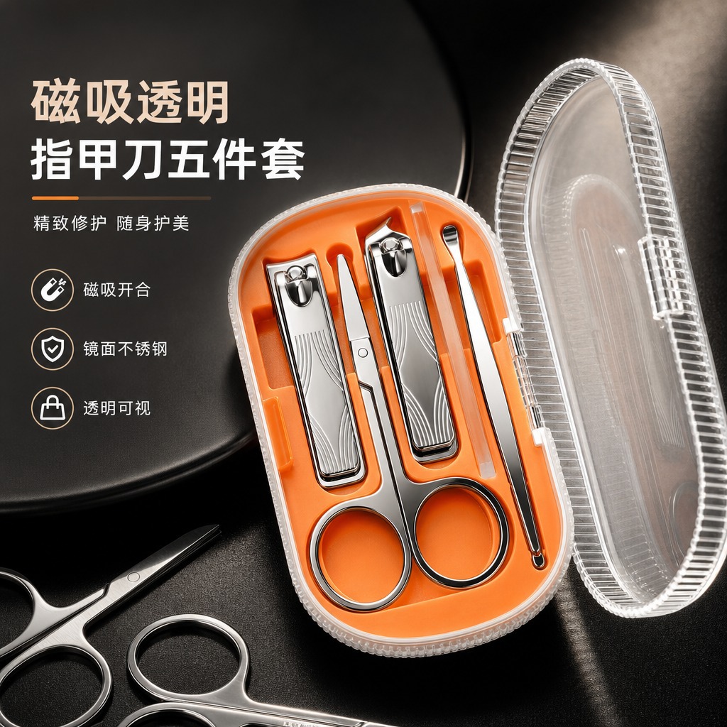 Magnetic transparent nail clipper set of five pieces, mirror-finish stainless steel portable manicure tool, compact travel nail care set