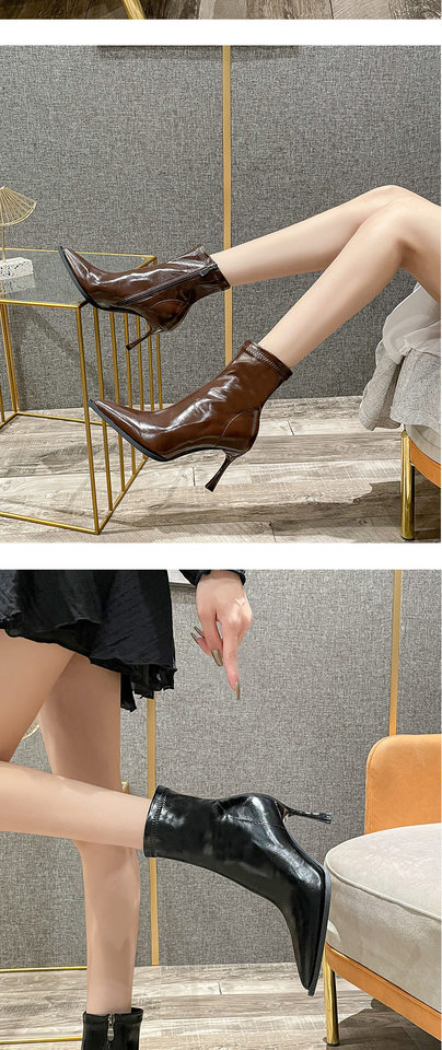 Bốt ngắn nữ mũi nhọn gót cao 6–8 cm chất liệu co giãn ôm chân, khóa kéo bên — Màu nâu, Màu nâu lót nhung, Màu trắng be, Màu đen chi tiết 7