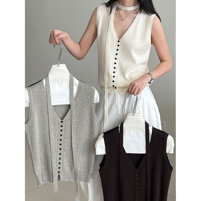 Lushi Korean V Neck Wool Knitted Vest Vest with Tie for Women 25 Autum New Cardigan Top Ss783