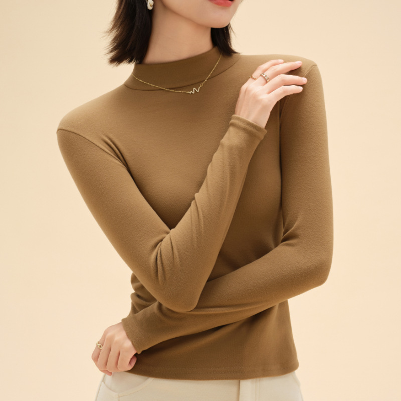 半高领德绒打底衫女士春秋款内搭纯色加绒加厚保暖上衣修身打底衣|undefined