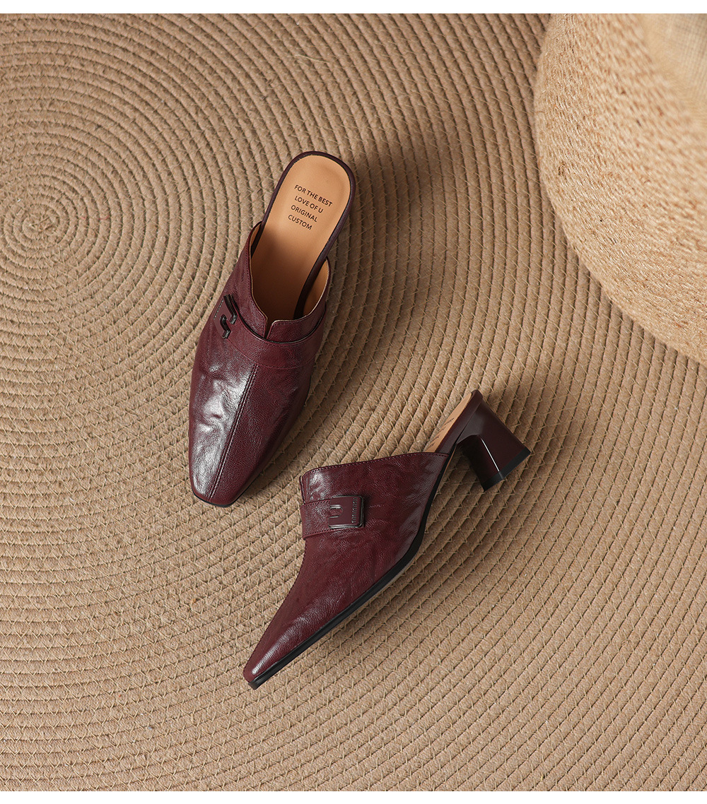 Dép sandal cao gót nữ mũi nhọn quai ngang da dê gót thô 5 cm — đen chi tiết 19