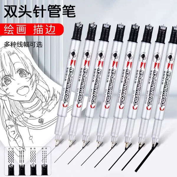 Dual-Tip Drawing Pen with Curve Roller and Needle Tip, Art and Manga Outlining Pen, Available in Various Specifications, for Hand-Drawn Sketches, Waterproof