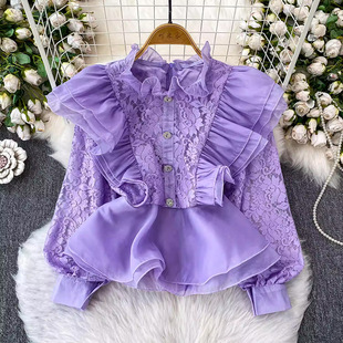顯瘦名媛蓬蓬新款立領襯衫女收腰2025重工拼接荷葉邊上衣歐美蕾絲