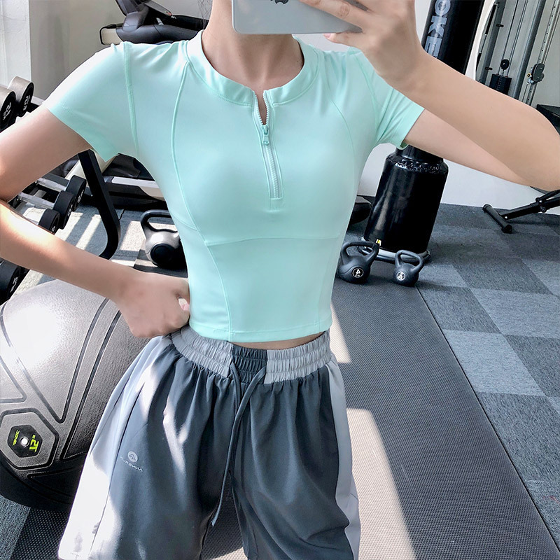 Half-Zip Fitness Clothing for Women, Quick-Drying Running Clothes, Sports Short-Sleeved T-Shirts, Summer Thin Casual Yoga Tops