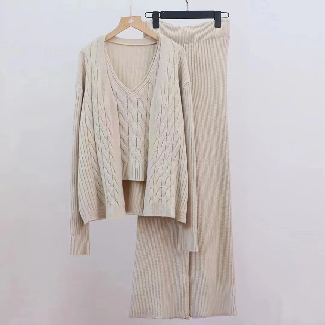 Autunno Inverno Lazy Maglia Donna Cardigan Largo Cinghie Fondo Camicia Pantaloni Gamba Larga Estesi Set Pezzo_voghion.com