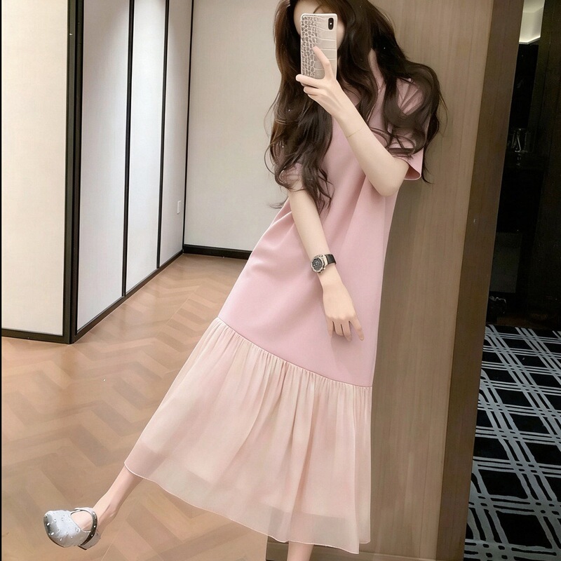 【40-Count Cool Silk Ribbed Fabric 1*1】2026 Summer New Printed Patchwork Short-Sleeve Elegant Sweet Dress for Women