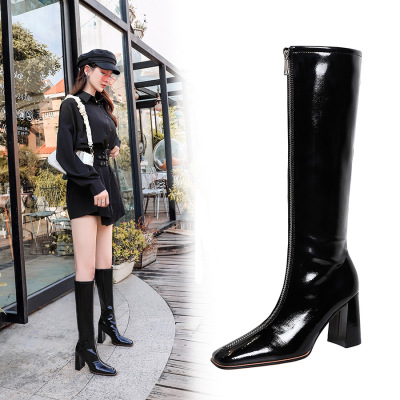 2662-1 the European and American wind fashion sexy club before the glossy patent leather boots zipper square chain decor