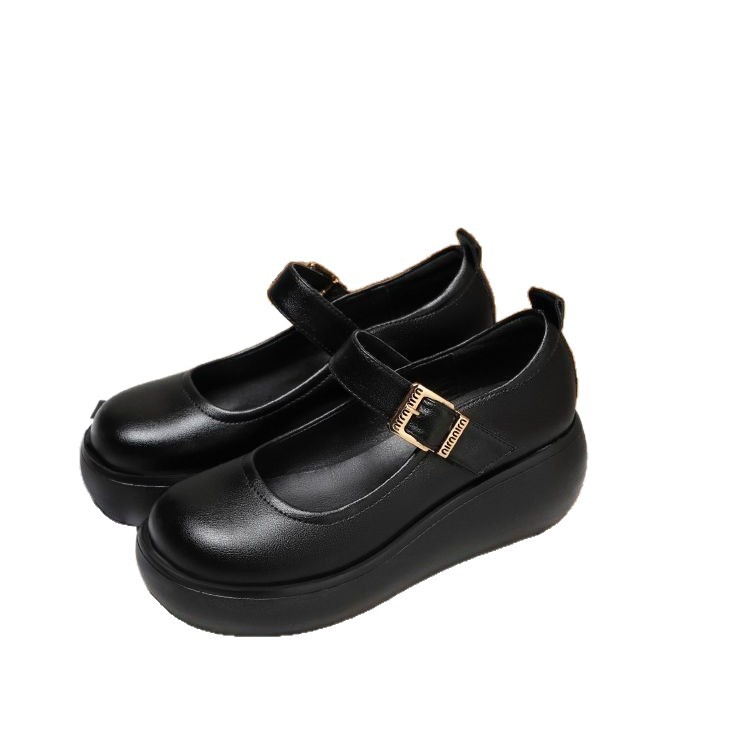 Zapatos de mujer Mary Zhen2025 nuevos zapatos de cuero suave negro de otoño zapatos de mujer ligeros con suela gruesa aumentando la altura francesa