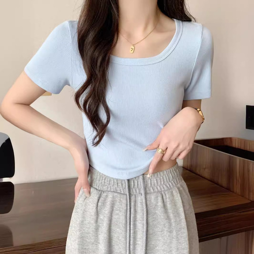 Design sense Figure-fitting, slimming, curved hem, short top for women, 2024 summer threaded bottomed shirt, short-sleeved T-shirt, women
