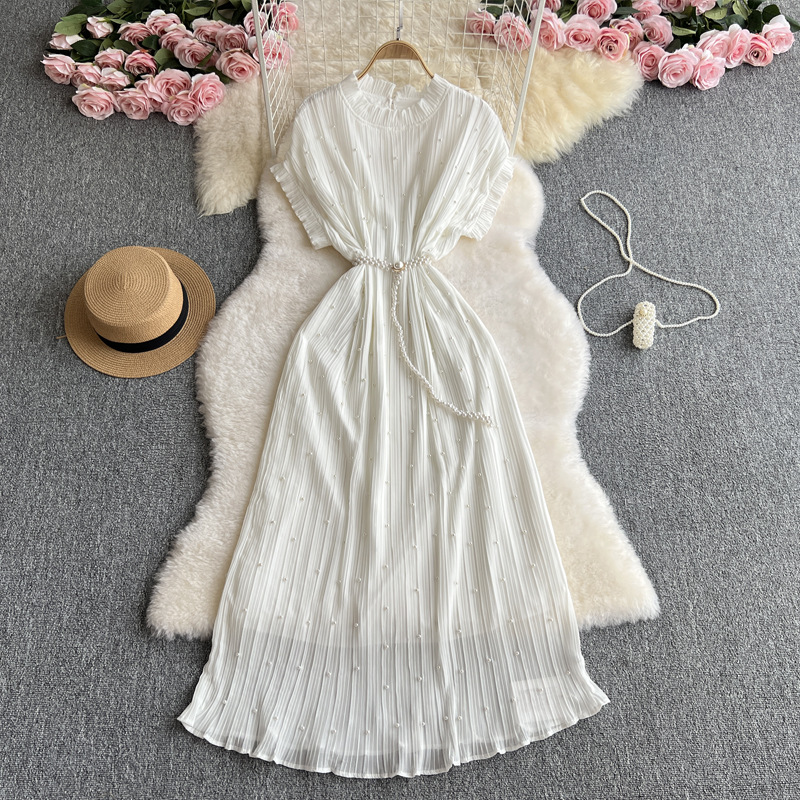 Women's Clothing Heavy Beaded Round Neck Dress Waist Slimming Pleated Elegant Dress Long Skirt_ecoleips.com