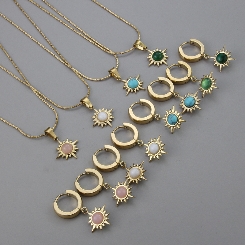 Retro Natural Stone Titanium Steel Color Eight Awn Star Necklace Earrings multicolors