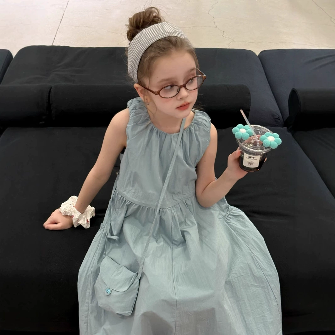 Летнее платье-жилет для девочек 2024 года, свободного кроя, с регулируемыми бретелями и свободным карманом