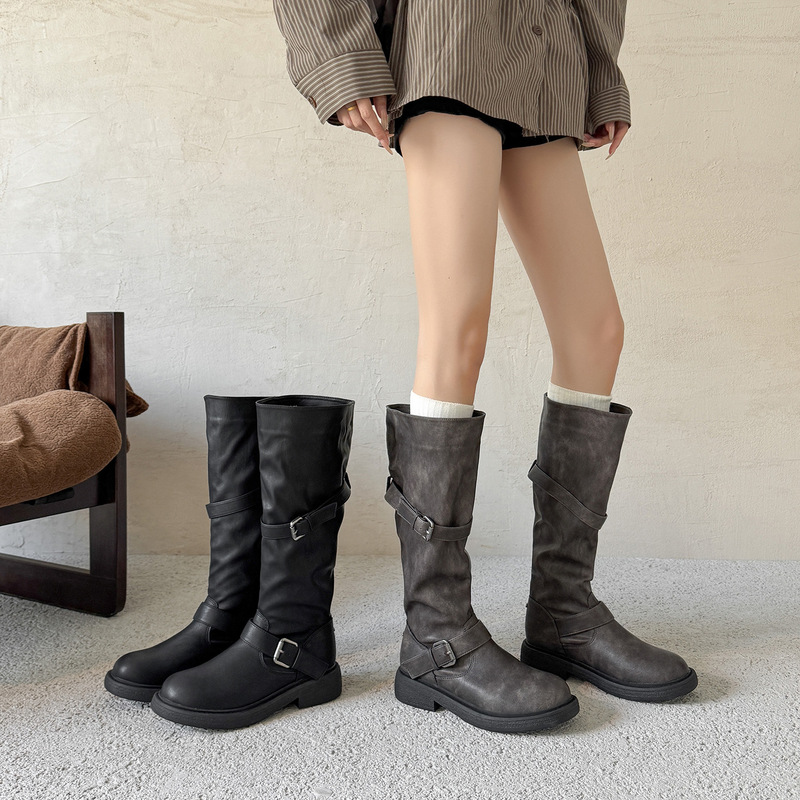 Wide-leg, round-toe, thick-leg pants, boots with thick heels, plus-size boots for women, thick-soled, high-tube, riding boots, large-size boots
