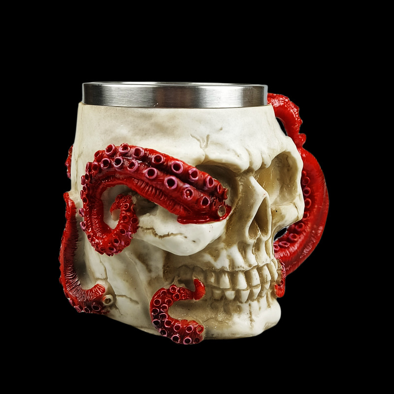 Taza de calavera de personalidad característica de pulpo, taza de forma extraña divertida, taza de agua retro, taza de cerveza de acero inoxidable de Halloween